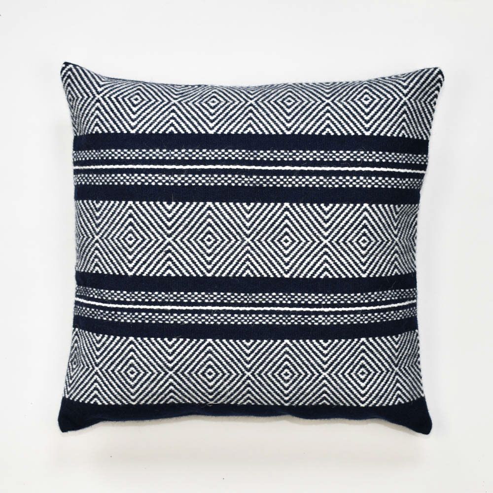 white and Blue Hand Woven alpaca blend Cushion Cover, "Geometric at Sunset"